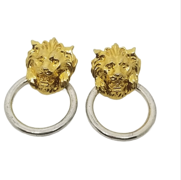 ANNE KLEIN VINTAGE 1980s GOLDTONE & SILVERTONE LIONS HEAD DOORKNOCKER EARRINGS - Picture 1 of 3